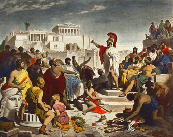 A painting of citizens gathered in ancient Athens