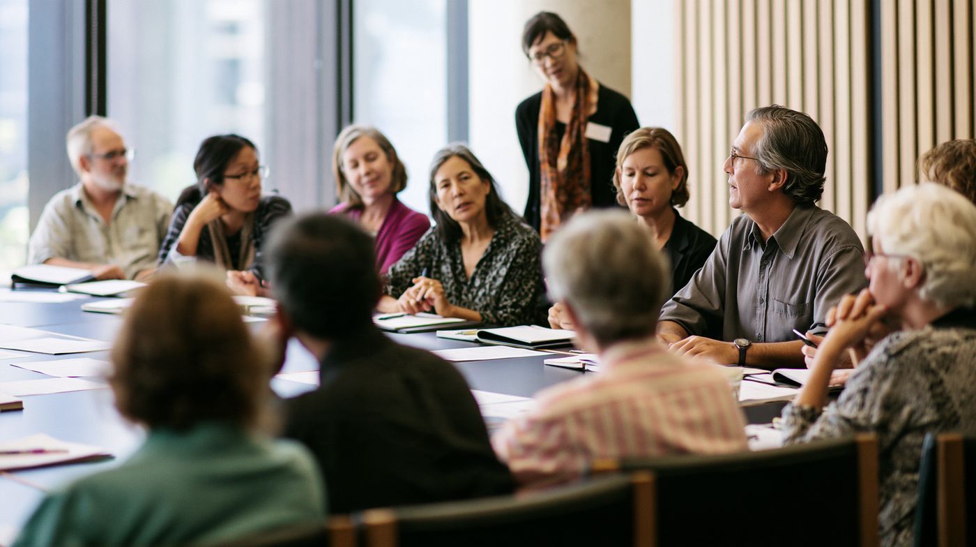 A group meeting around a long table
