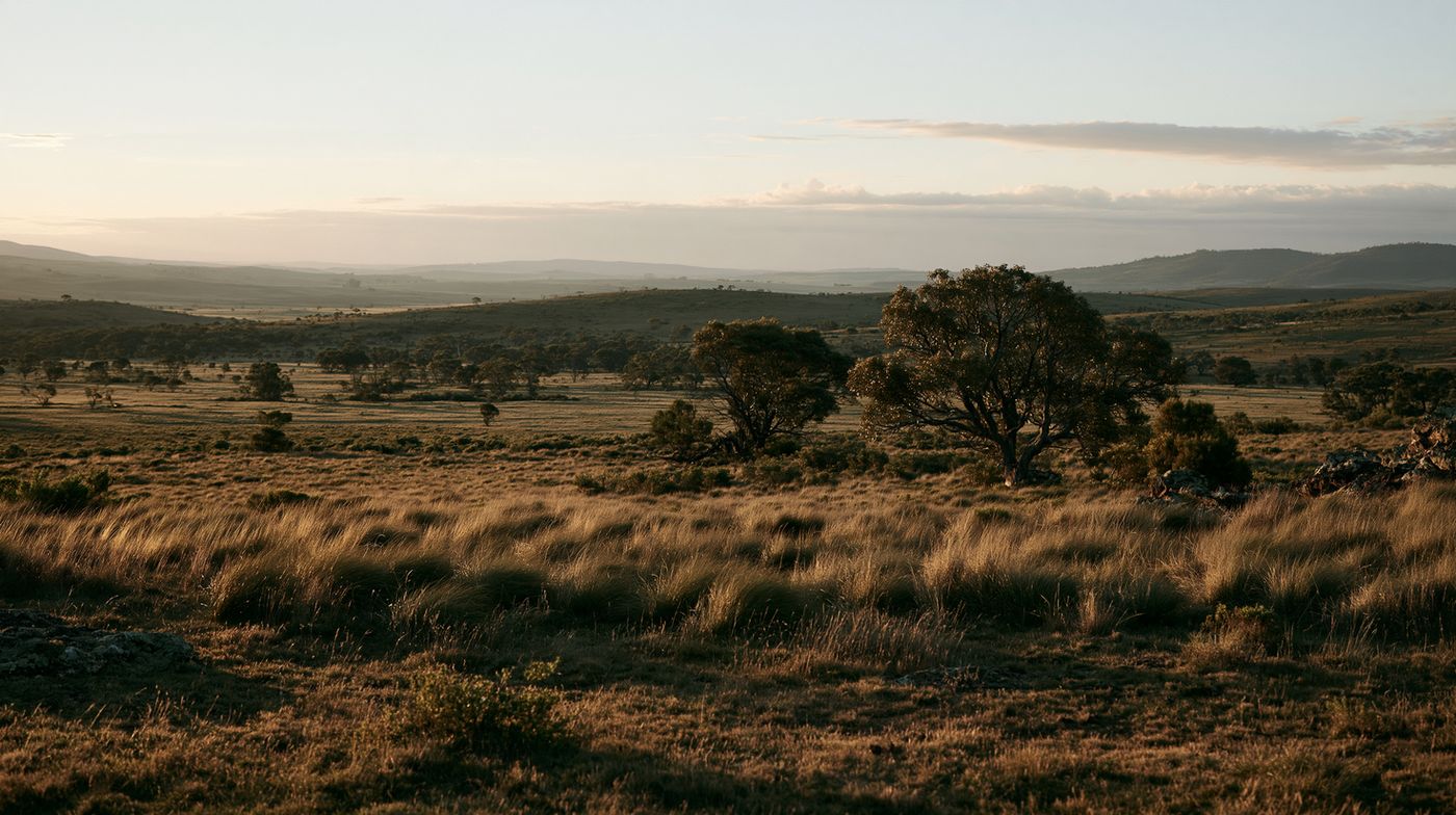 Open Australian country with grass and trees at dusk