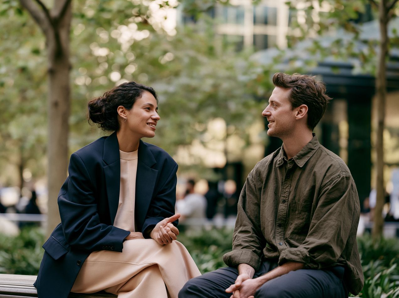 Two people sitting outside, deep in conversation
