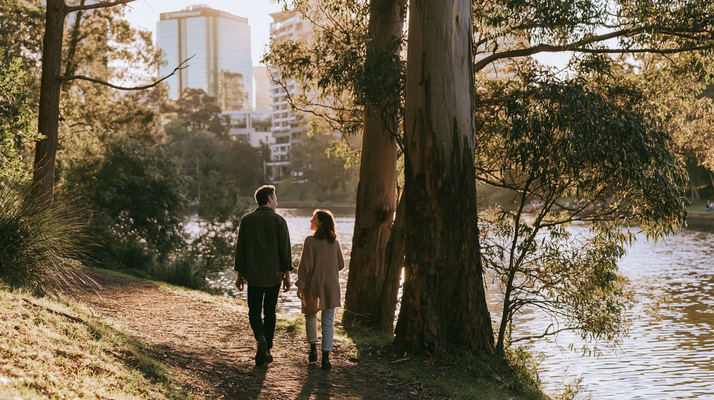 Two people walking a riverside track in Western Sydney